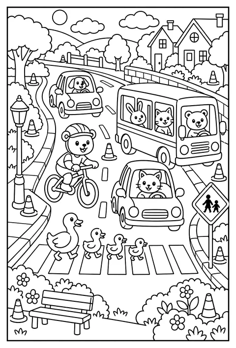 Hidden-object page: a busy road with 10 hidden traffic cones coloring page