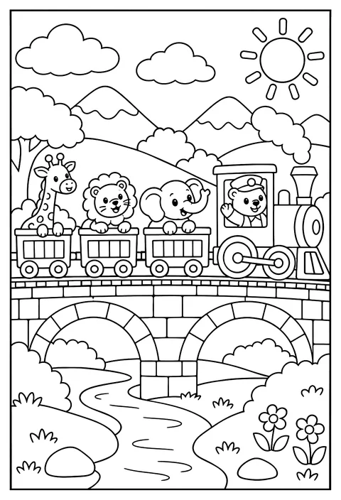 A long train crossing a bridge with animals in each car coloring page