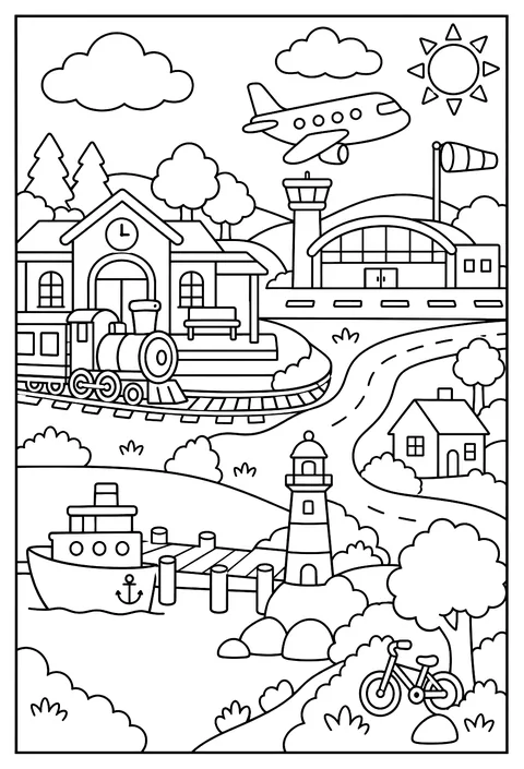 A map of Vehicle City with a train station, a harbor, an airport and a hidden bicycle coloring page
