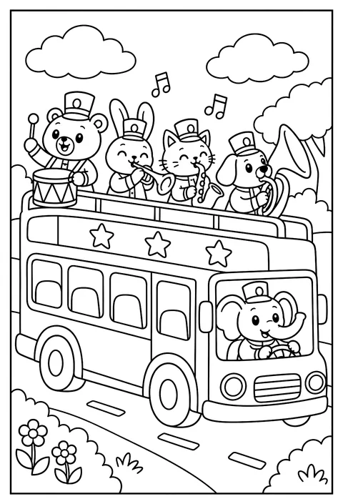 A marching band riding on a giant bus coloring page