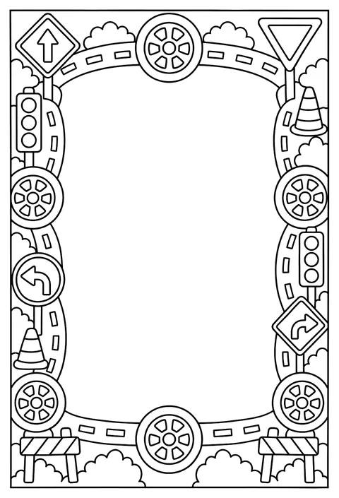 A page-border pattern of wheels, road signs and traffic lights around an empty frame coloring page