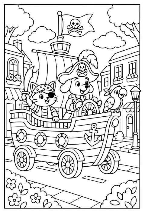 A pirate ship with wheels driving down a street coloring page