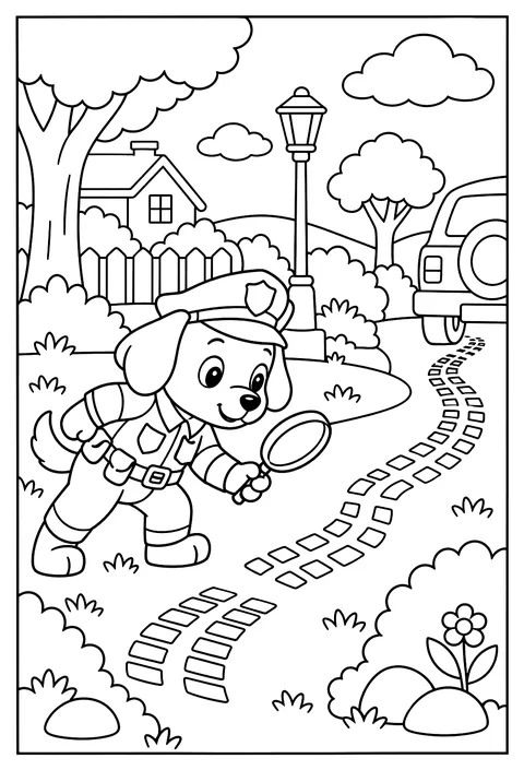A police car detective following tire tracks coloring page
