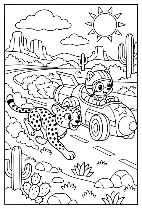 A rocket car racing a cheetah on a desert road coloring page
