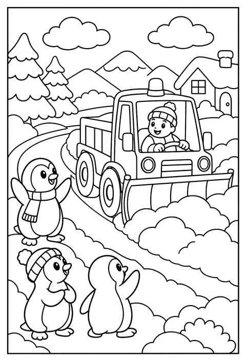 A snow plow clearing a road for penguins coloring page
