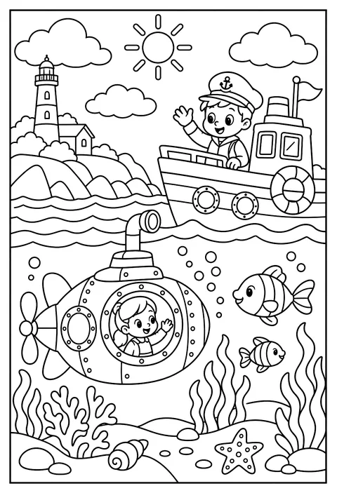 A submarine and a boat waving at each other coloring page
