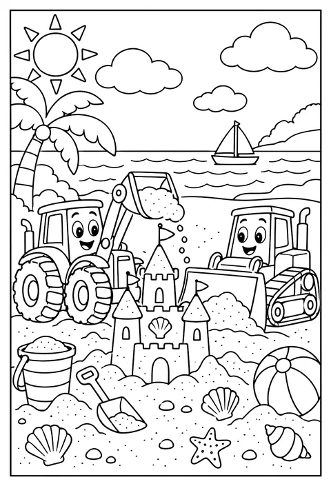 A tractor and a bulldozer building a sandcastle coloring page