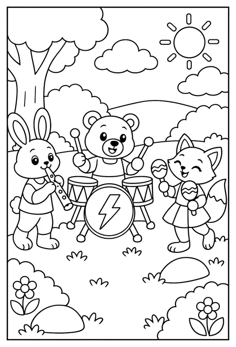 A weather band: thunder drums, wind flute, rain shakers coloring page
