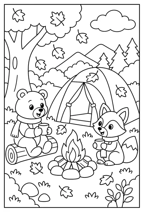 Camping in autumn with leaves falling on the tent coloring page