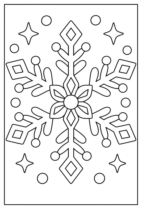 Close-up of a snowflake with six arms of intricate patterns coloring page