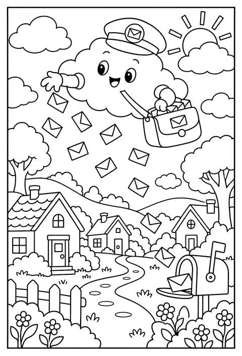 A cloud mail carrier dropping letters as rain coloring page