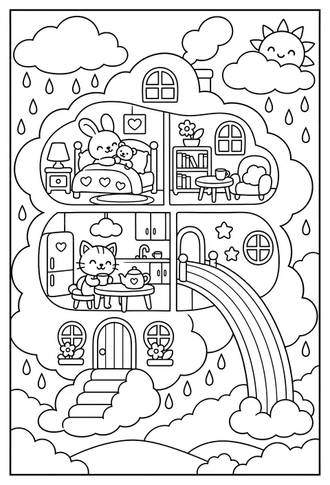 Cutaway of a cloud house with rain showers and a rainbow slide coloring page