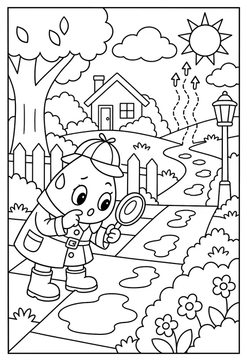 A detective raindrop finding where the puddle went coloring page