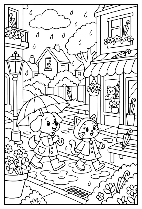 Hidden-object page: a rainy street with 12 hidden umbrellas coloring page
