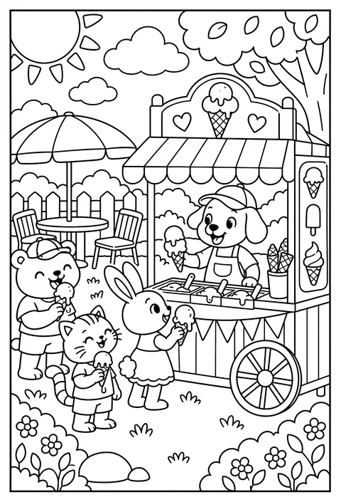An ice-cream stand on a hot summer day, everything melting coloring page