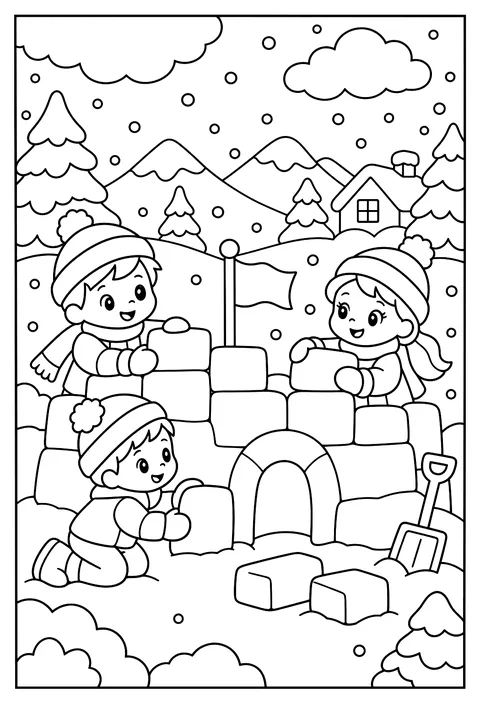 Kids building a snow fort during a snowstorm coloring page