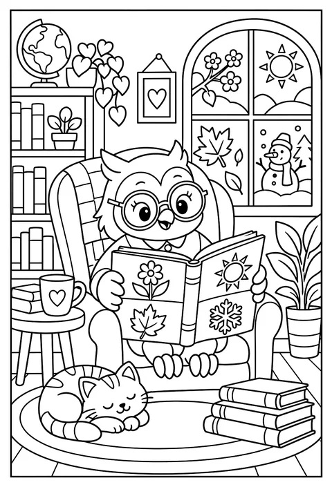 A librarian owl reading about the four seasons coloring page