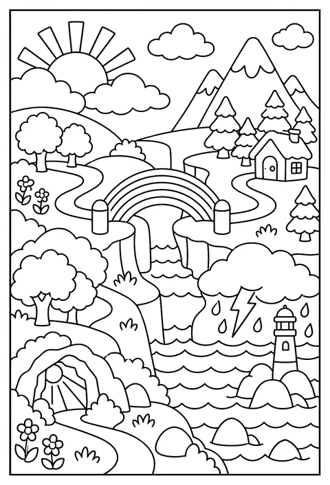 A map of Weather Land with a rainbow bridge, a snow mountain, a storm sea and a hidden sunbeam coloring page