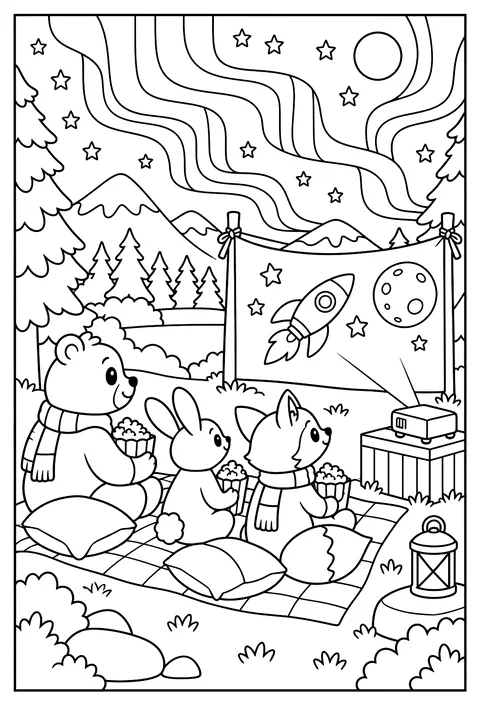 A movie night under the northern lights coloring page