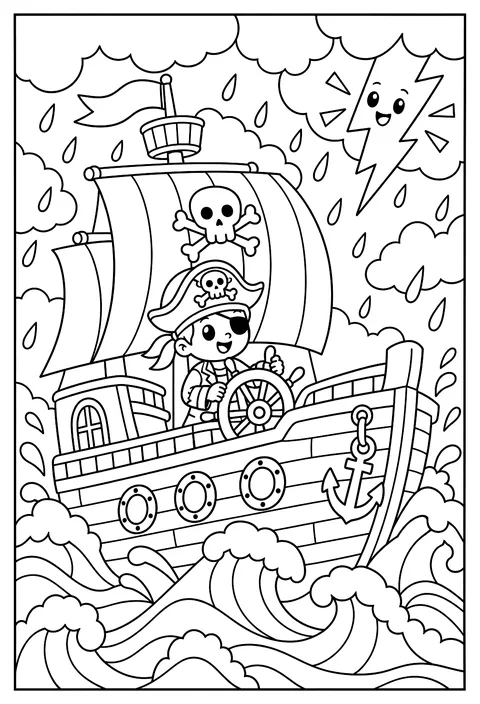 A pirate ship in a storm with a friendly lightning bolt coloring page