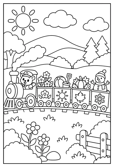 A season train: spring, summer, fall, winter cars coloring page