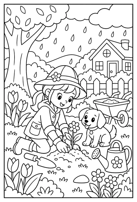 A spring gardener planting in the rain coloring page