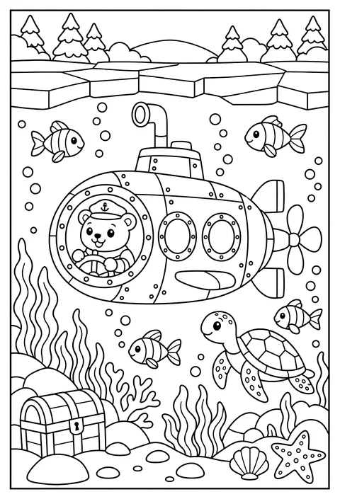 A submarine under a frozen lake coloring page
