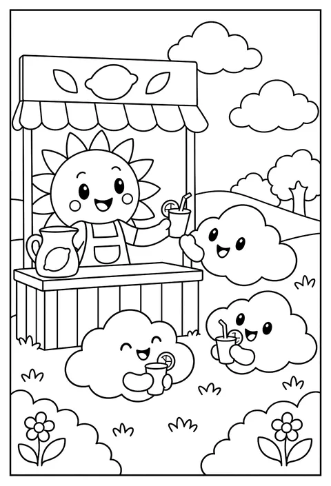 A sun running a lemonade stand for clouds coloring page