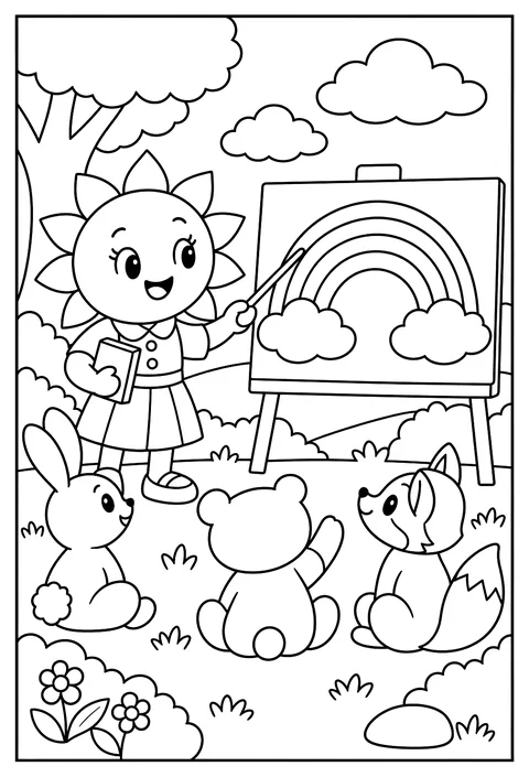 A teacher sun with a lesson on rainbows coloring page