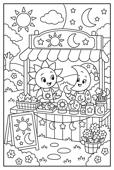 The sun and the moon running a day-and-night shop coloring page